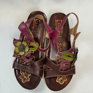 L'Artiste Colorful Spring Step Pelagia Floral Leather Low Wedge Sandal  SZ 6.5